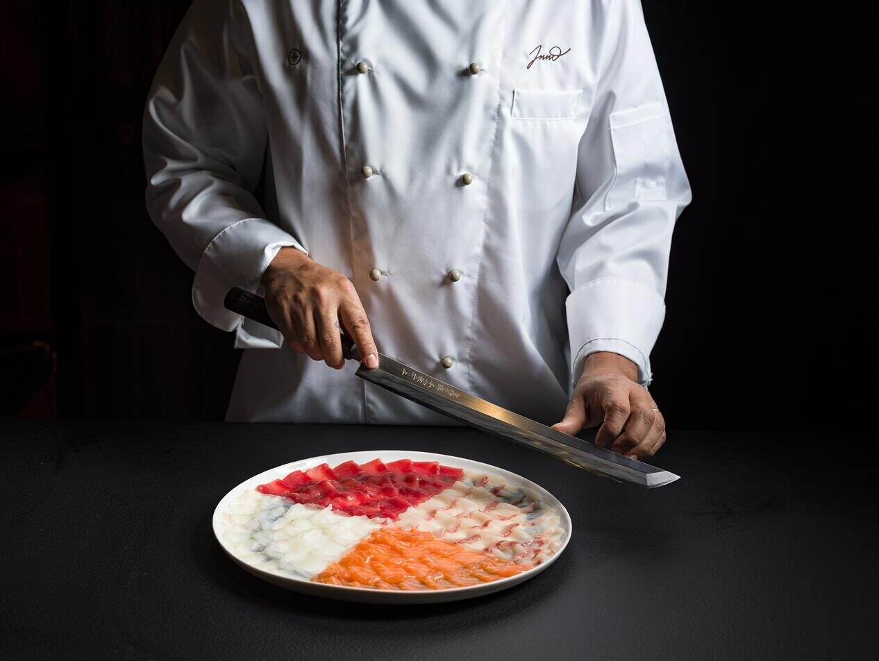 The chef plating the INNO sashimi at the counter